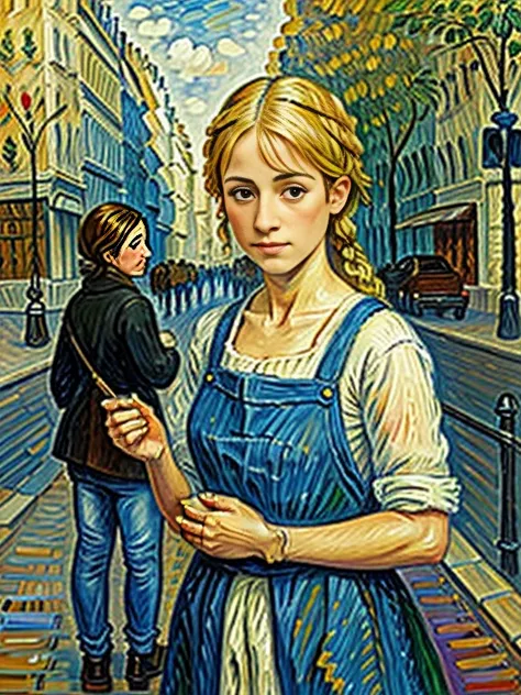  A painting in the style of the painter Pablo Picasso, Cubism style, Begging on the street, Wearing rags, The face is dirty, Poor girl, Beautiful young farm girl, Gold hair, Streets of Paris,  ((En plein air, impressionism, best quality, anatomically corre...