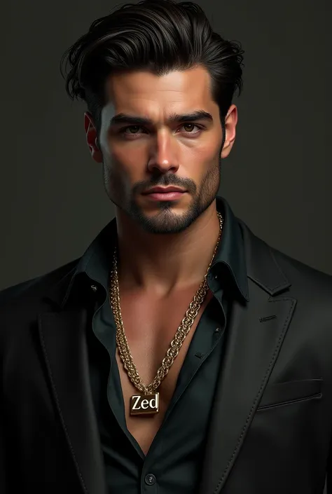 (photorealism:1.2), handsome man, mafia theme, looking like a boss, with a necklace or bracelet with the name "ZED" clear and readable make it look younger
