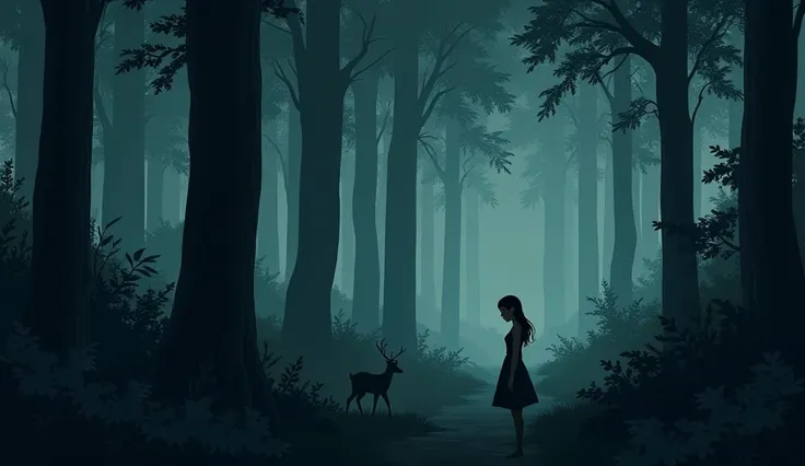 Amina stands in the middle of a dark, dense forest, looking up at towering trees that obscure the sky. Her expression is one of worry and confusion as the path she came from has disappeared.
"As she began to cry, a gentle deer appeared from behind the bush...