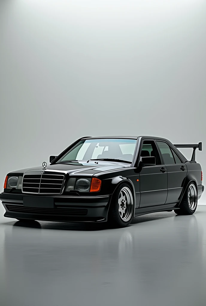 A mercedes W124 190E Evo II holding its factory stock retro look, painted with beatifull black , 8k HD resolotion, Beatifull, gorgeous