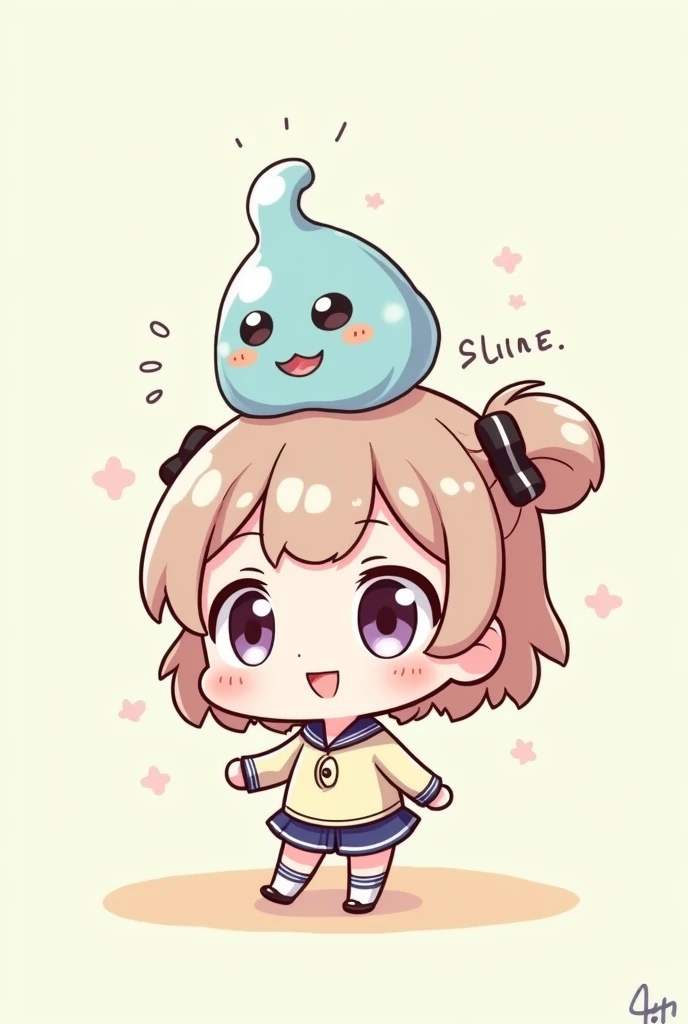 Chibi girl sideways with a slime on top of her head