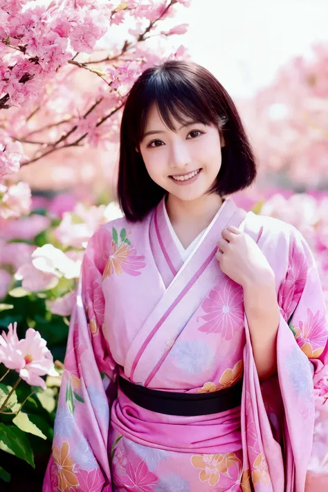 Colorful flower fields、smile、8K quality、Highest quality、Beautiful Eyes、Flowing black hair、Healthy body shape、Bright pink kimono、Soft natural light、Calm and gentle look、Colorful flowers in the background々、Traditional Japanese Beauty、Sharp details、Quiet and ...