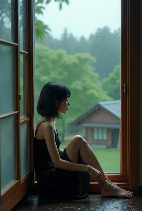 (photorealism:1.2), light rain, a view of trees, and a house is seen in a window there is a black-haired Asian woman, wearing a black dress, sitting in a window, giving the effect of rain splashes on the outside of the window