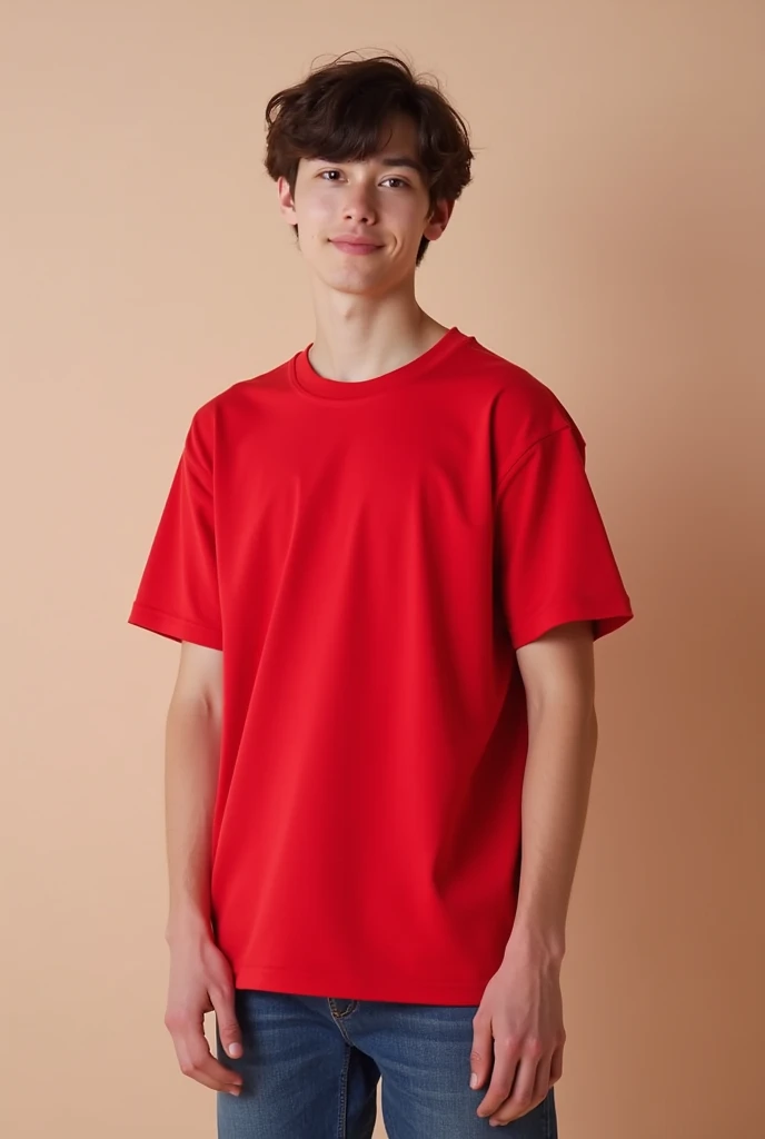 Create a common looking teenage male model, wearing a plain red streetwear style t-shirt.