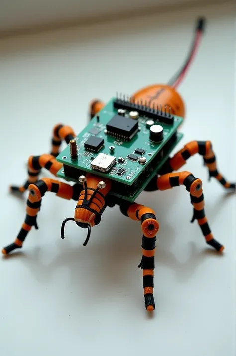 My insect is not real.robot,it just a basic model representation using arduino board, uv sensors,servo motors,pir sensors,ldr sensors...the model should have thse components only..connections with zumper wires should shown outwards explicitly