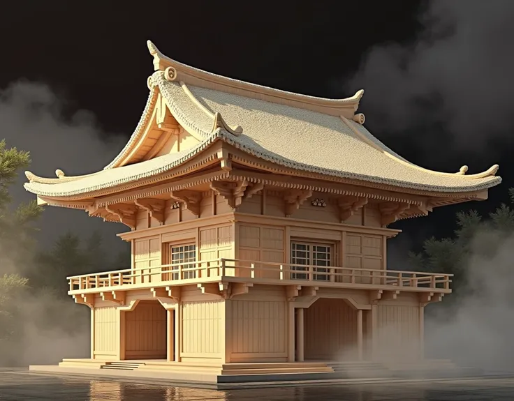 (The rain has stopped and everything has been purified:1.2)、(The ancient Izumo Taisha Shrine emerges from a scene shrouded in mist and clouds.:1.4)、(The roof is shining in the soft sunlight.)、Ancient Japanese Shrine Architecture、The ancient Izumo Taisha sh...