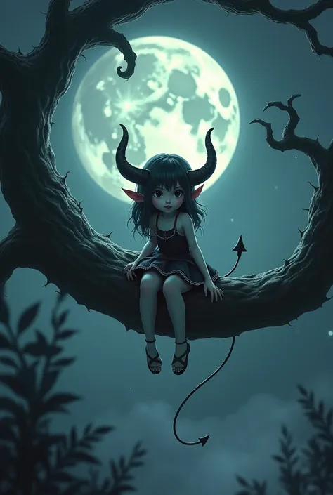 Cute girl devil is sitting on the tree with legs hanging with horror moon night 