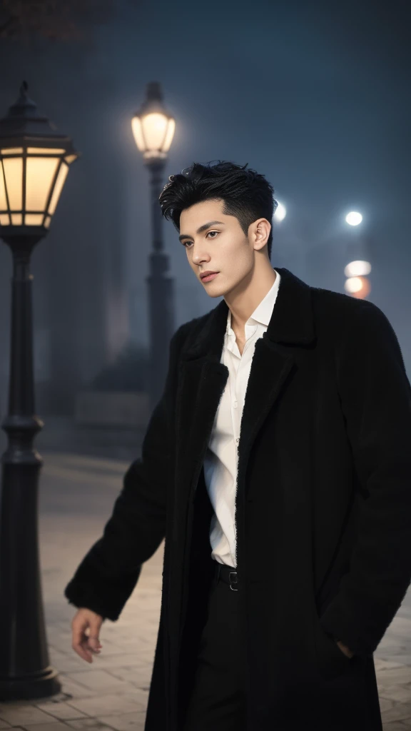 A handsome man with bright eyes,black flowy hair, natural beauty, handsome face,sharp jaw line, photogenic expression, wearing shirt and over coat, in a misty environment, evening time, near a street lamp, in a futuristic city, best quality photo, 16 k res...