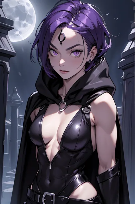 1girl, raven, black leotard, black cape, hood, purple hair, forehead jewel, purple eyes, short hair, belt, skin tight, standing,...