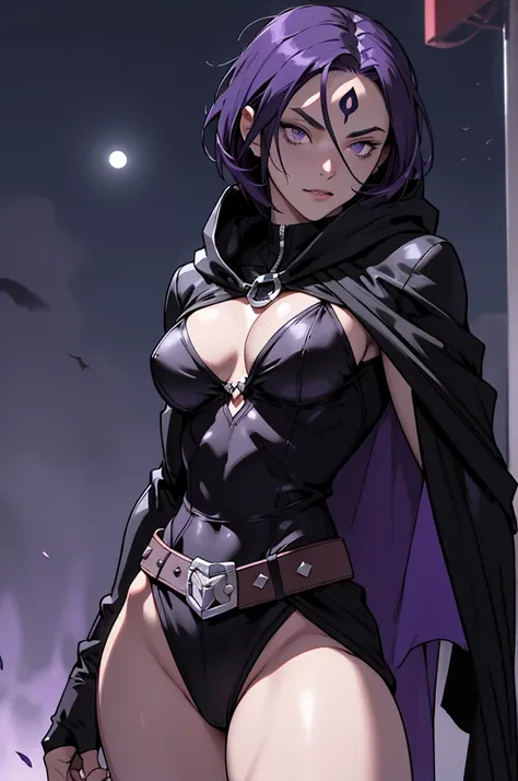 1girl, raven, black leotard, black cape, hood, purple hair, forehead jewel, purple eyes, short hair, belt, skin tight, standing, cleavage, toned, breasts, pose, night, moonlight, ((posing)), motion lines, torso, upper body, portrait, b&w. outline,