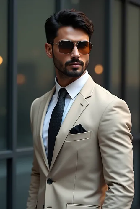 The model is wearing glass sunglasses and wearing suit and Jis name Is raviraj