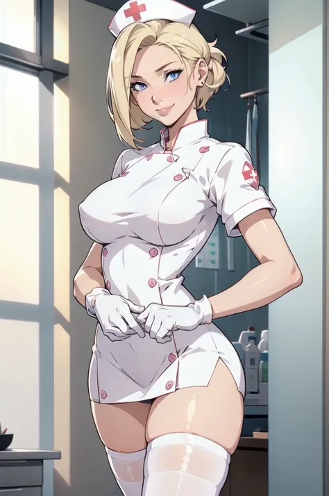 1woman, Nurse, nurse uniform, Nurse Cap, Whiteware, ((White legwear, zettai ryouiki)), White Gloves, Blonde hair, Blue eyes, pink lipsticks, Smile, Standing, sharp outline, Short sleeves, a mature female, 3, Best Quality, masterpiece, infirmary, As chest s...