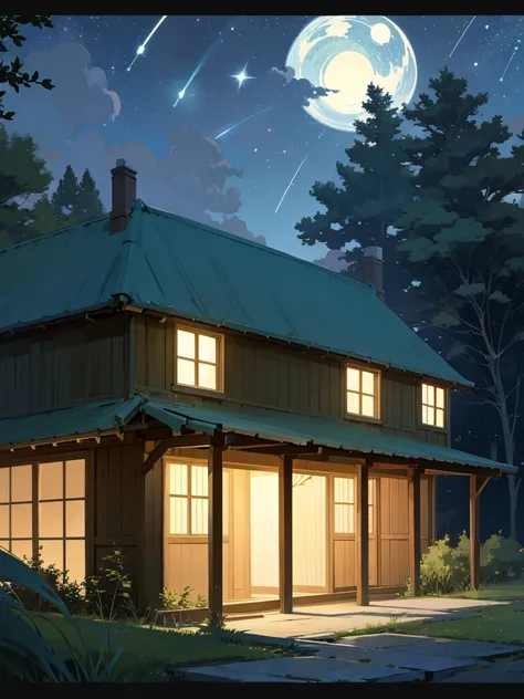 House, garage, car, windows, light, trees, grasses, bushes, starry night, lamps, studio Ghibli art style