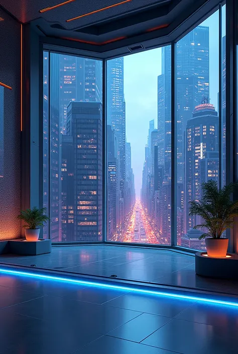 Very detailed, High resolution, a room with led lights with a glass window skyscraper new york 