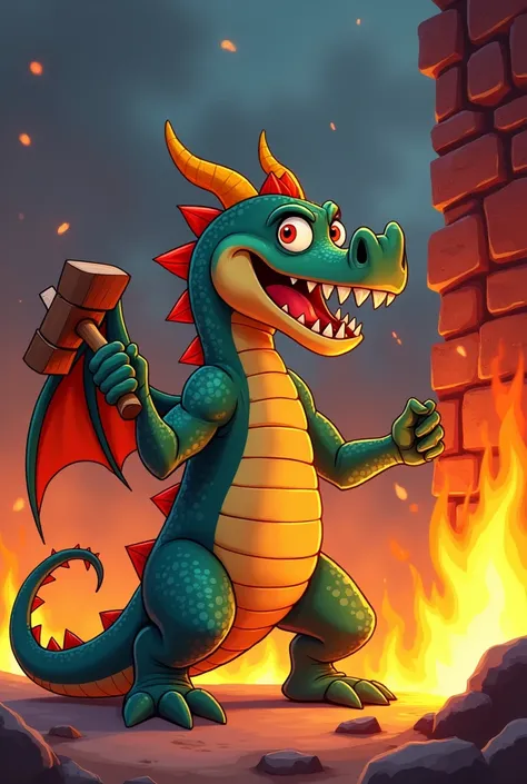 a cartoon dragon holding a hammer, hitting a burning wall. 