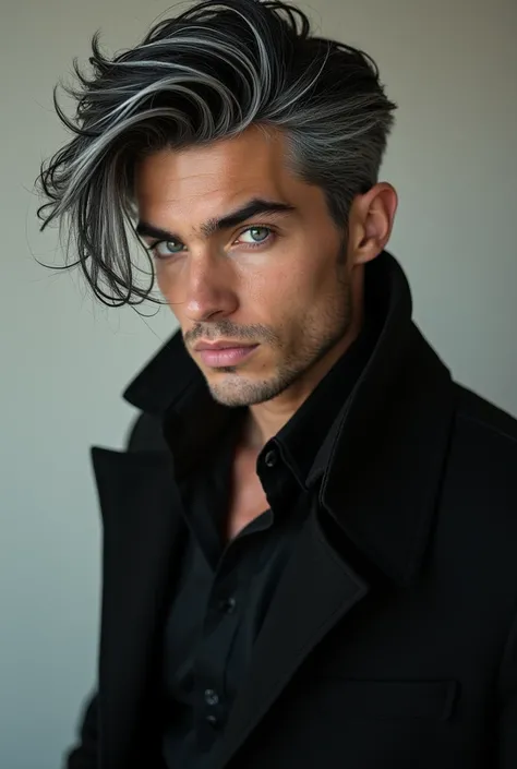 Men , black and white hair, handsome, realistic, black outfit, High Resolution, 