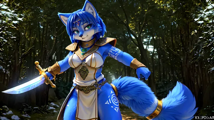 a picture of ((krystal)), star fox krystal, lovable, green eyes, medium breasts, (((long blue hair 1.3))), decollete, anthro, fu...