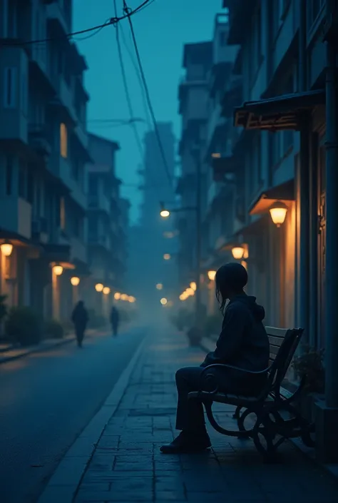 General Joint Plan, realistic cinema style (Street at dusk)
Description of the scene: Wide view of empty street at dusk, with the young woman sitting on the bench and the cat in the window.
Composition: Perfect symmetry of the street, with the protagonist ...