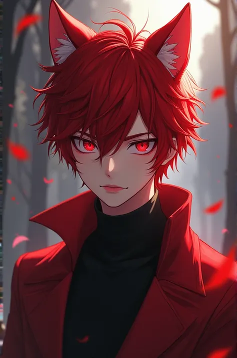 Red-eyed, red-haired, cat-eared male anime