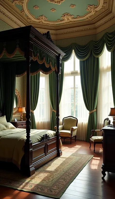 The master bedroom features a grand four-poster bed with dark wood, richly carved details, and luxurious drapery in dark green and gold. The walls are adorned with Victorian floral wallpaper in shades of muted green and cream, enhancing the traditional fee...