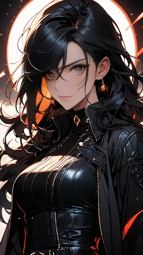 A closeup portrait of a noble yet rebellious young woman with short, sleek black hair styled in a sharp bob that grazes just below her jawline. She wears a luxurious, form-fitting black leather outfit with intricate red accents, including a high-necked top...