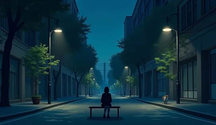 General Joint Plan, realistic cinema style (Street at dusk)
Description of the scene: Wide view of empty street at dusk, with the young woman sitting on the bench and the cat in the window.
Composition: Perfect symmetry of the street, with the protagonist ...