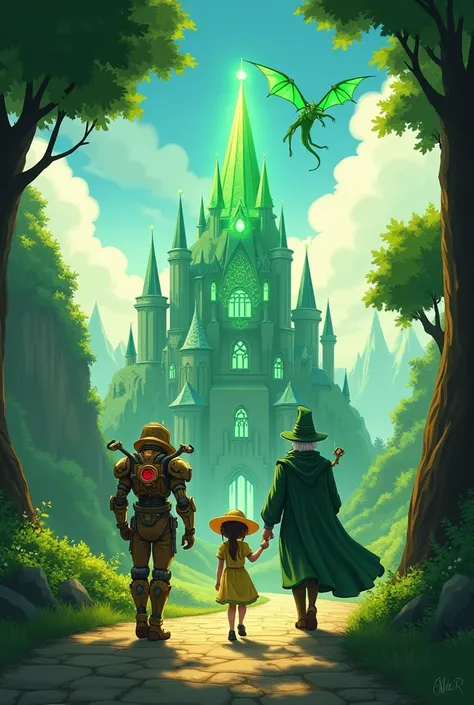 Poster for a fantasy adventure story set in the Emerald City, Straw Hat Girl、Steampunk Mecha Man、A strong man with lion-like paws strides merrily towards a castle made of emeralds, A diamond dragon flies in the sky, A wizard appears from the shadow of a ro...