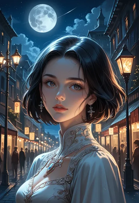 masterpiece, Best quality, Miranda, (half body shot,Street lights,moon),masterpiece, 1 girl, Solo Exhibition, beautiful woman on a busy street, surrounded by peddlers, Beautiful portrait of a goddess girl, beautiful and detailed face, porcelain skin, (((bu...