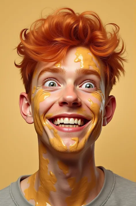 Create a picture of a ginger with orange hair with a jar of peanut butter all over his face and he should be male