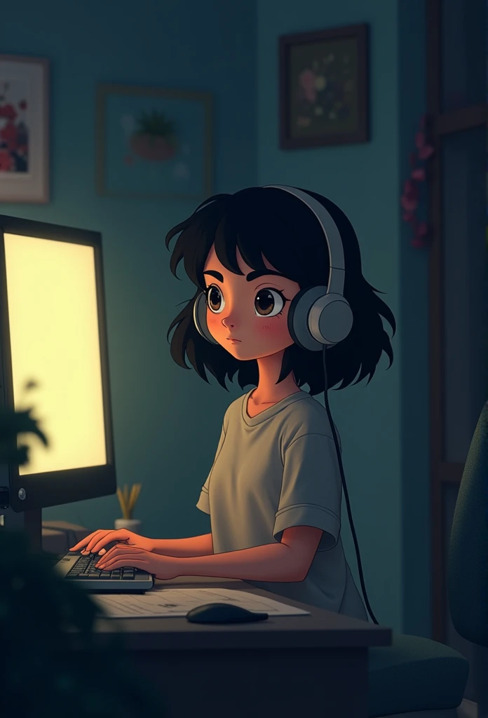 night、Girl listening to music in a cozy room, Using headphones, 2D-style animation, Lo-Fi, hard disk