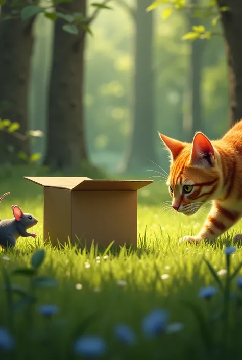 The small gray mouse, inside the empty box, starts pushing it slowly across the grassy floor. The box appears to move on its own, catching the attention of a sleek, orange tabby cat hiding nearby. The cat’s eyes narrow in suspicion as it watches the myster...