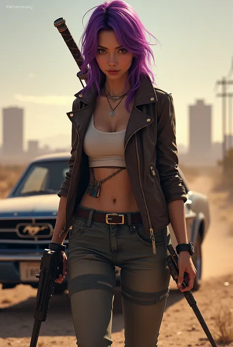 Asian girl color purple hair 1 female post apocalyptic California whit a gun and katana on back stand near Mustang car.