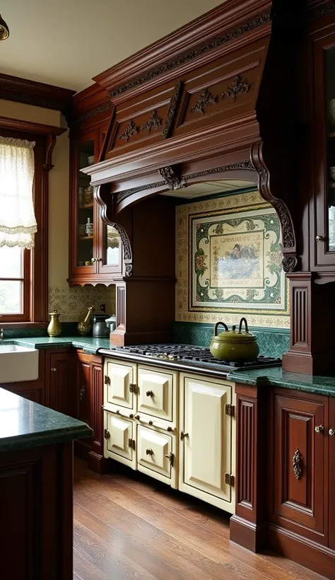 The Victorian kitchen is a statement of tradition and luxury with dark wood cabinetry featuring decorative carvings and antique brass handles. The countertops are a rich, dark green marble with gold veining, and the backsplash showcases hand-painted tiles ...