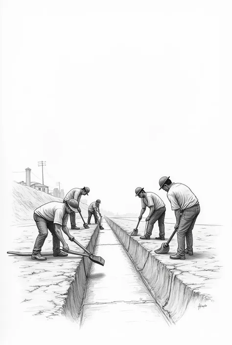 Create a plain pencil drawing of construction workers digging and working on a canal to improve a drainage system. The scene should be simple, focusing on the workers and their tasks, with minimal background details like houses but make it plain