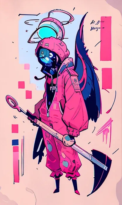 1SeraphimSpikyStripesBeetle, pale blue skin, Circle Eye, bright pink slit pupils, Long Square Eyebrows, no humans, pink halo, plum beanie Hat, red blue tracksuit, black angel wings, holding sickle, Evil Rage, no humans Necronomicon Sketch, sketch, horror (...