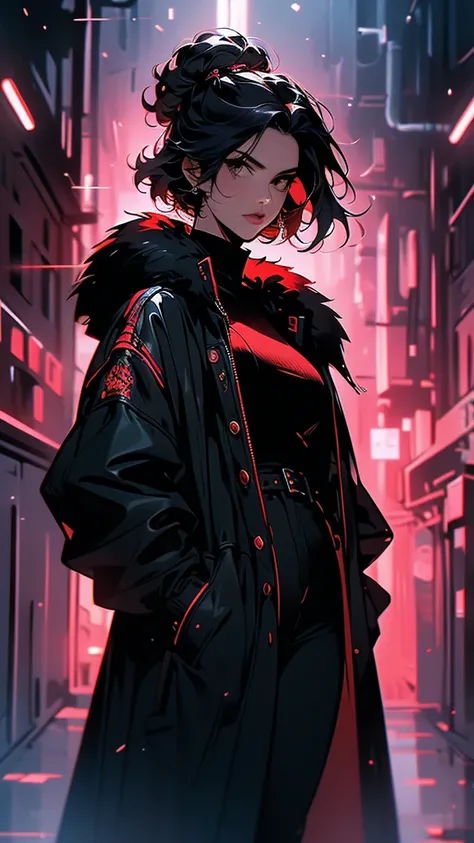 A closeup portrait of a noble yet rebellious young woman with short, sleek black hair styled in a sharp bob that grazes just below her jawline. She wears a luxurious, form-fitting black leather outfit with intricate red accents, including a high-necked top...