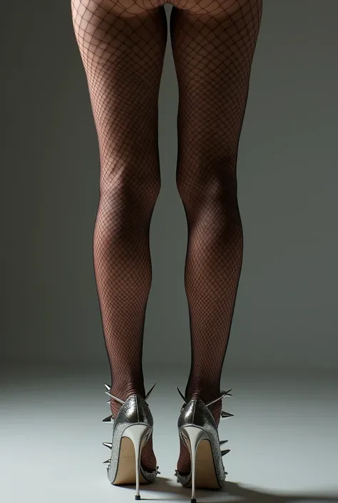 Silver metal stiletto heels with sharp spikes and sharp edges, A front shot of a woman standing relaxed with her beautiful legs slightly apart, wearing fishnet stockings, from thighs to toes、