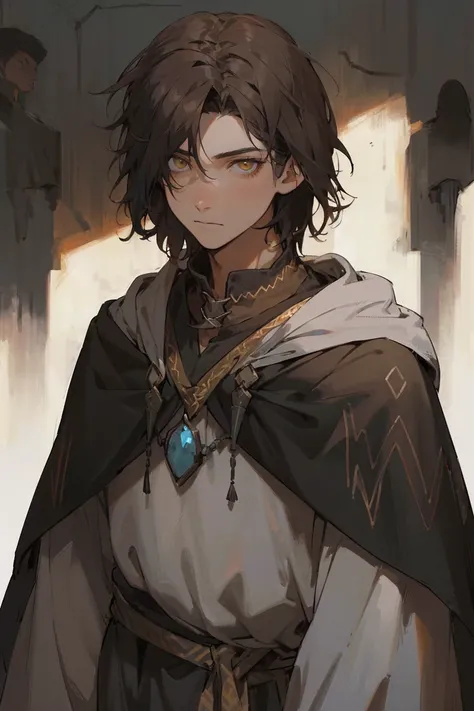 A portrait of young mage, hes wearing black medieval mage robe, his hair is brown and medium hair, hes looking at the viewer with yellow eyes filled with confidence and facial expression show authority. High Resolution, 