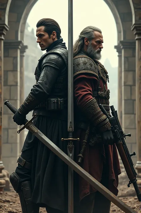 Picture two men from different eras, one from the modern era, one from the kingdom era, each carrying a sword and a gun. 