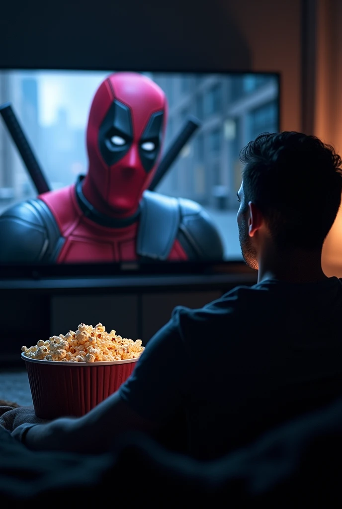 a man watching dedpool movie at night eating popcorn dark backround