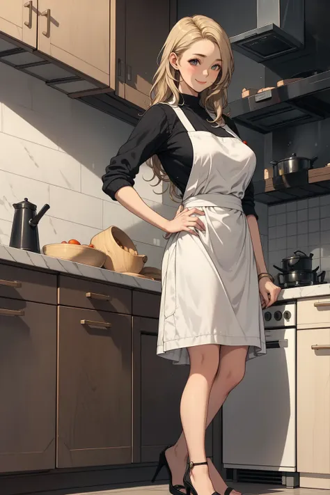 1 solo girl, blonde long hair, thick, large breast, milf, , fullbody shot, perfect body, , wearing white apron, gray sweater, white long skirt, black heels, standing,, inside kitchen, blushing, smile, front view, holding soup laddle, 