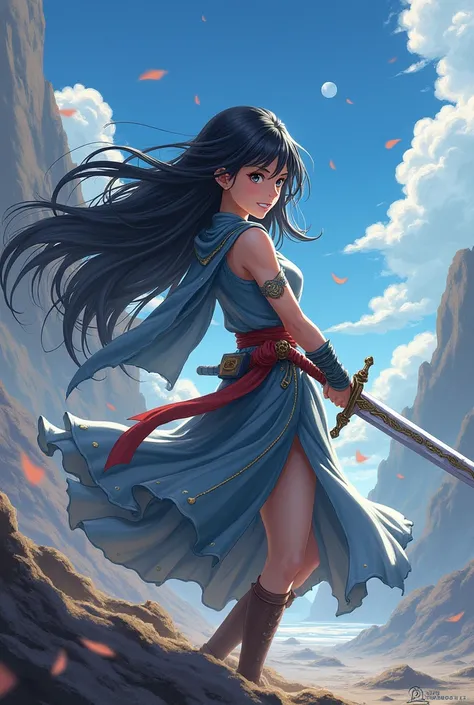 a girl with long black hair，Equipped with sword and vertical，Dragon Quest Wind