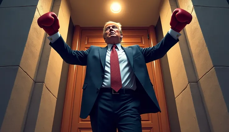 Donald Trump, leaves the building where the battle between cryptocurrency and Trump took place, it comes out pompous, victoriously, Trump wins over cryptocurrency, full length, wearing boxing gloves, full length, waist-high image, boxing gloves, dynamicall...