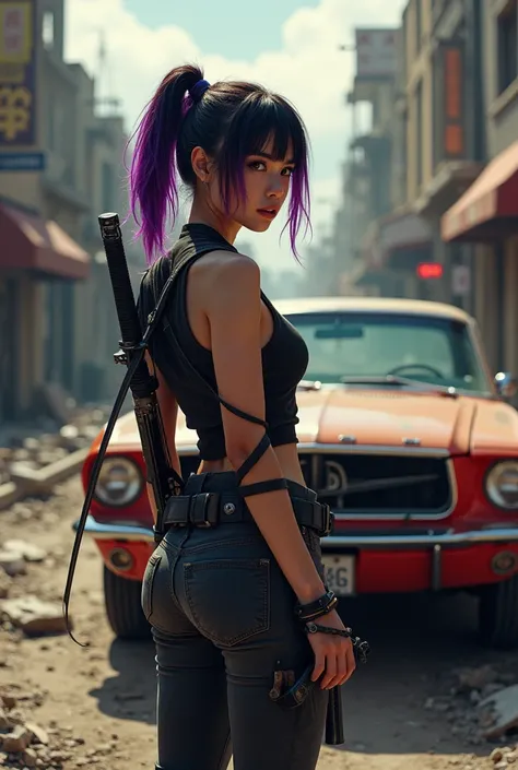 Asian Japan girl , whit color purple and black hair ,1 female ,post apocalyptic California, whit a gun and katana on back ,stand near Mustang car.