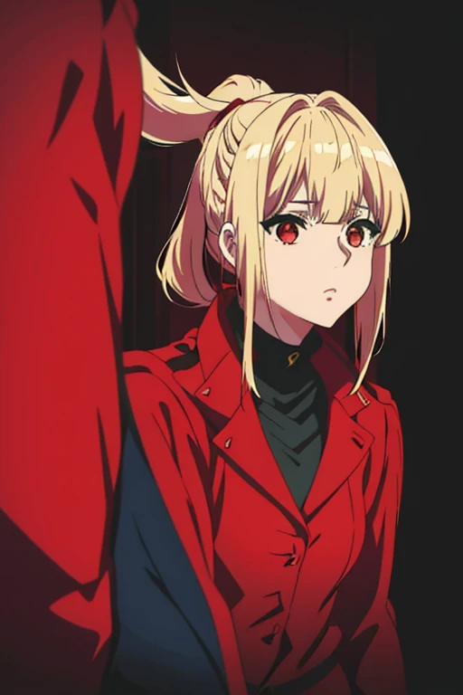 Close-up 1girl. Blond ponytail. Red highlight on the bangs. Red eyes. Cyberpunk clothes. Black jacket. Red trousers