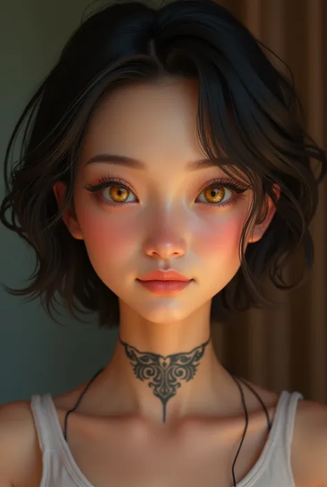 une jolie maman polynésienne chinoise, cheveux courts, a tattoo on the neck, yellow almond shaped eyes 