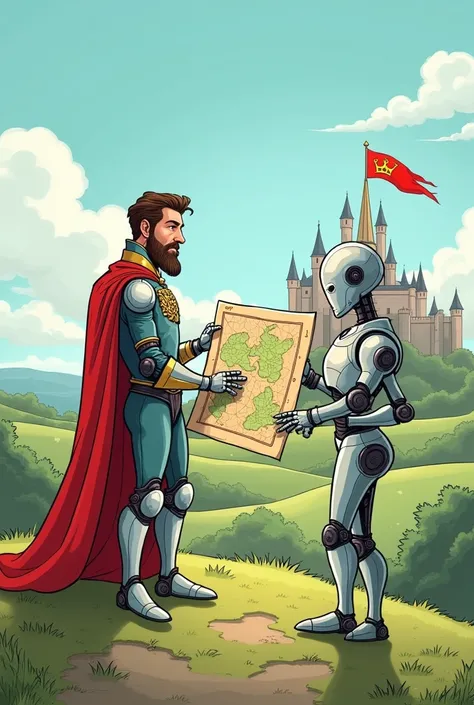 A funny satirical cartoon about a prince standing with his robot friend on a hill. 
The Prince and the Robot are looking
into a battle-map that the prince is holding in his hand. 
A castle can be seen on the far horizon. 
A flag flies on the castle. 
On th...