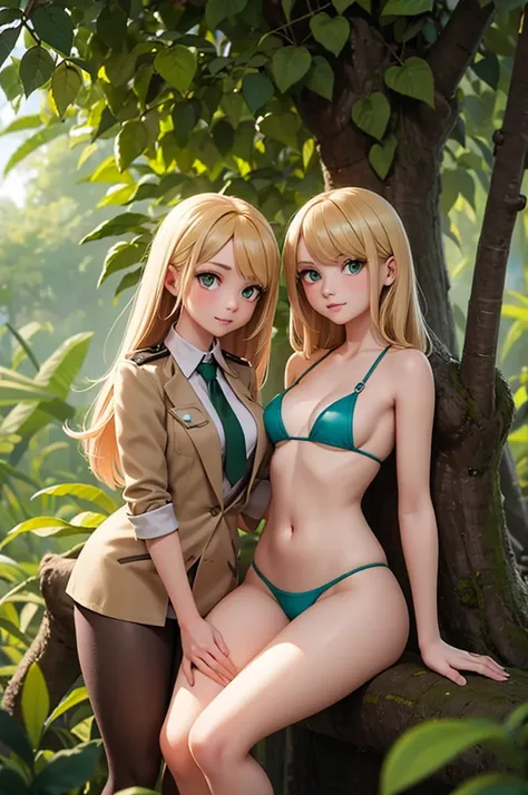 two young female adults with blonde hair in a jungle in green-brown nudy revealing expeditional uniforms