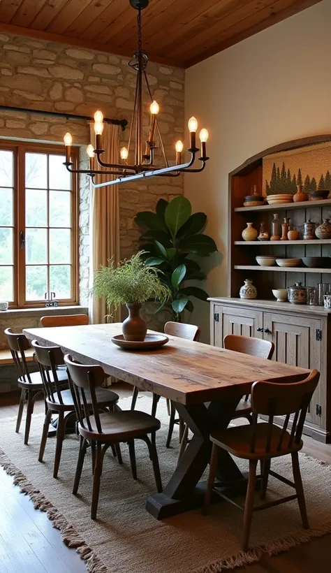 The dining room is designed for hearty meals and rustic gatherings, with a large handcrafted wooden table made from reclaimed timber, surrounded by mismatched wooden chairs. The stone accent wall continues from the living room, with a large wrought iron ch...