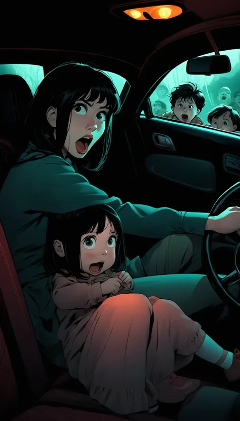 woman with strange expression in horror car，man driving a car，children in car